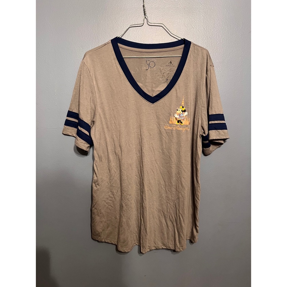 Walt Disney World 50th Anniversary Gray V-Neck Ringer T-Shirt Minnie Mouse XL